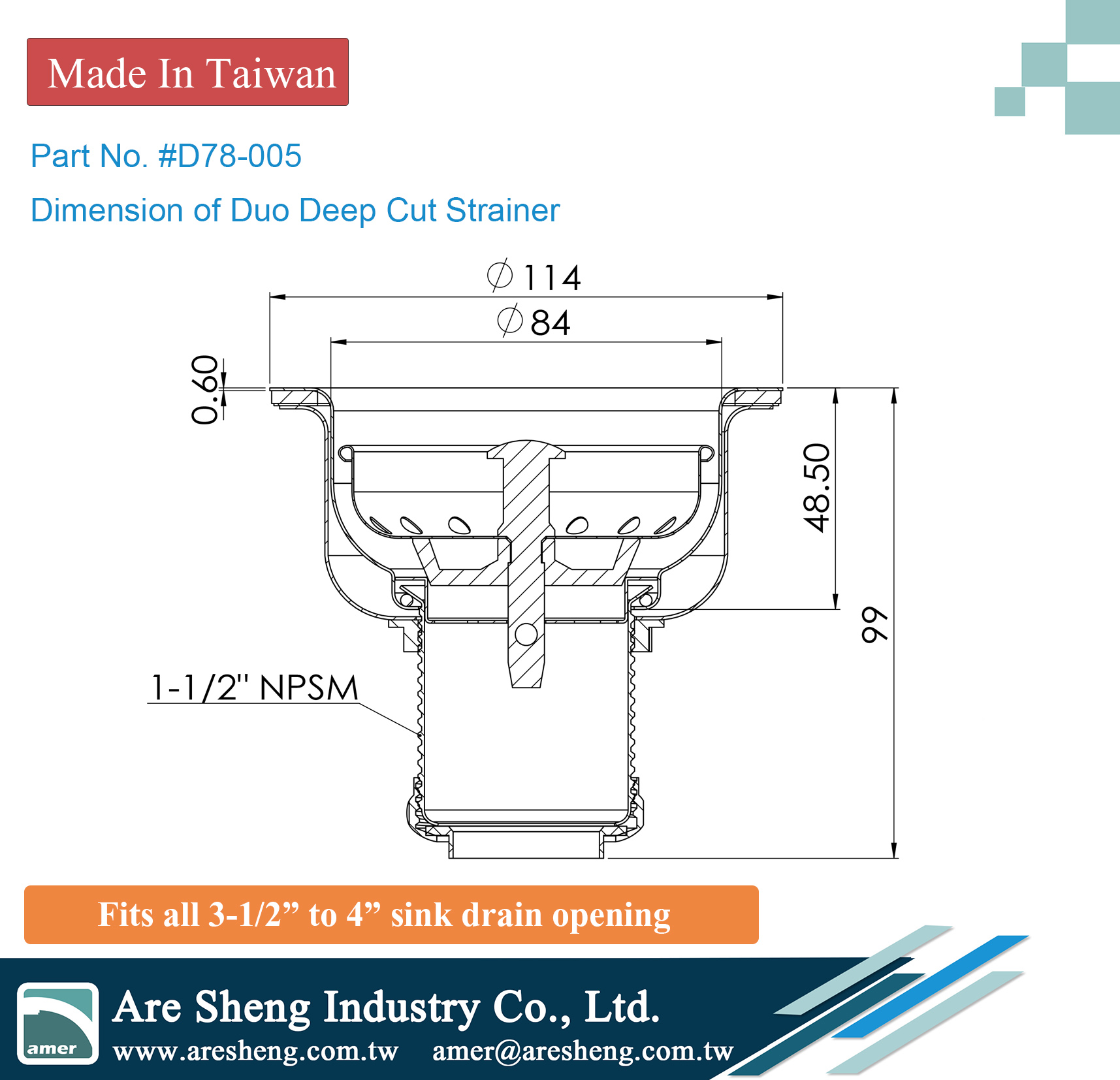 Drawing of duo deep cup sink strainer