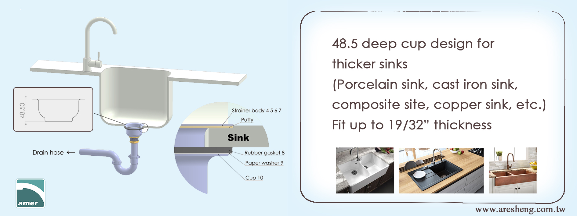 48.5 deep cup design for thicker sinks 