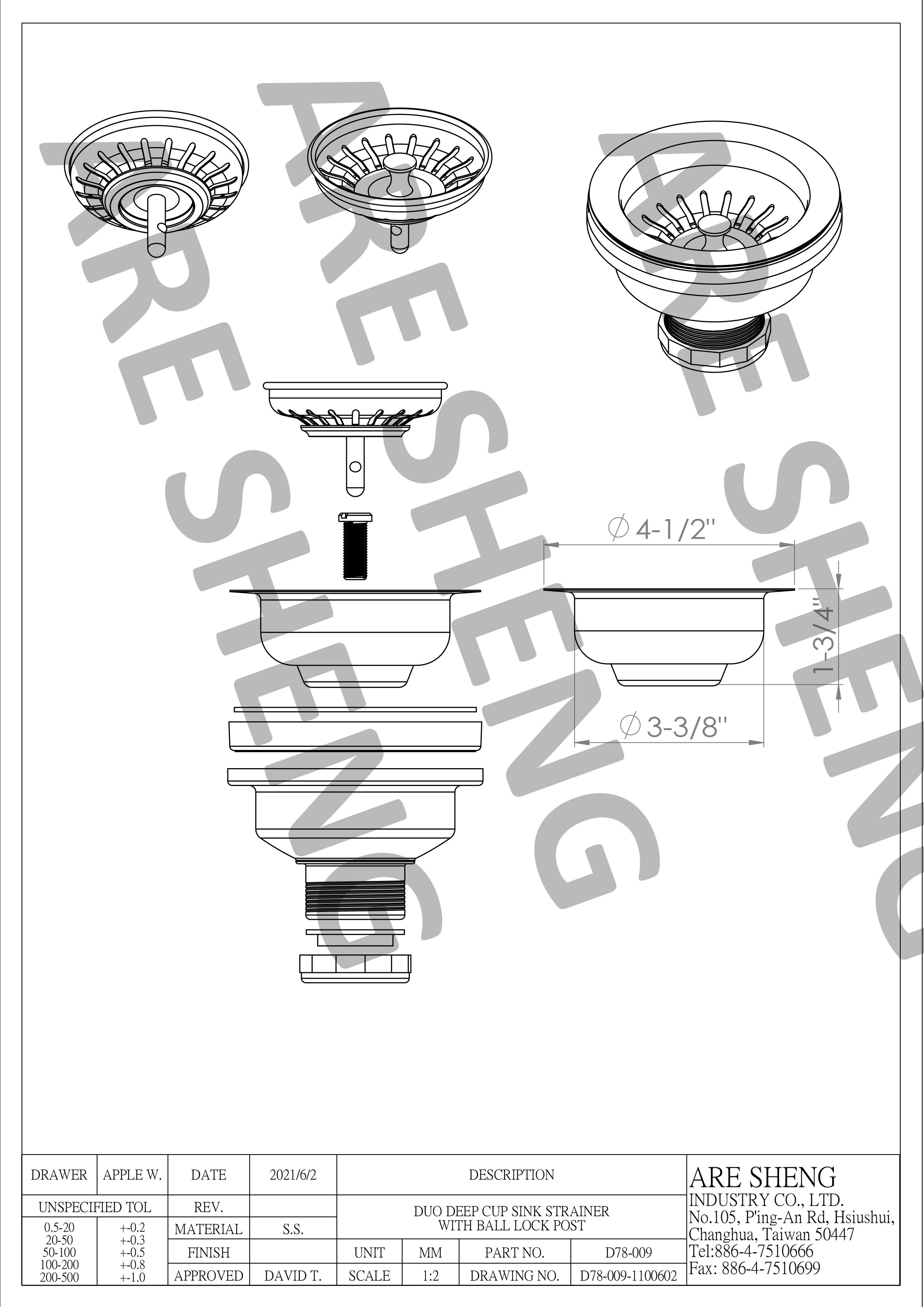 deep cup kitchen sink strainer drawing