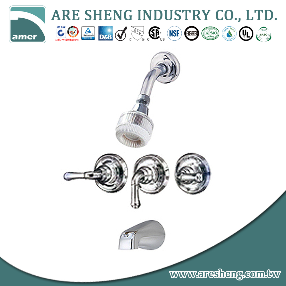Three Lever Handles Tub Shower Faucet With Spout Plastic