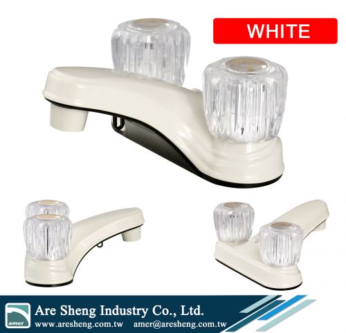 2 handle 4 in centerset bathroom plastic acrylic faucet, 2 hole deck mount lavatory plastic acrylic faucet without pop up, 4 in crystal RV mobile home lavatory faucet, 2 acrylic handle 4 in lavatory faucet pop up, non metallic low arc 2 hole rv mobile hom