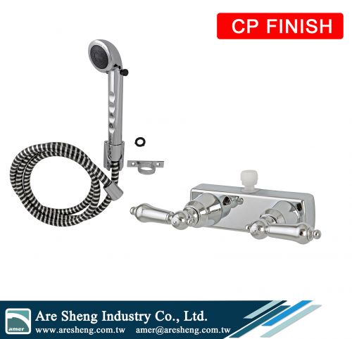 4 in RV mobile travel home 2 lever handles plastic tub and shower valve with handheld shower kit, RV Mobile Home 4 in centerset 2 lever handles shower Valve with handheld shower set chrome, 2 teapot RV shower valve with handheld shower kit, mobile travel