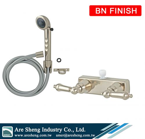 4 in RV mobile travel home 2 lever handles plastic tub and shower valve with handheld shower kit, RV Mobile Home 4 in centerset 2 lever handles shower Valve with handheld shower set chrome, 2 teapot RV shower valve with handheld shower kit, mobile travel